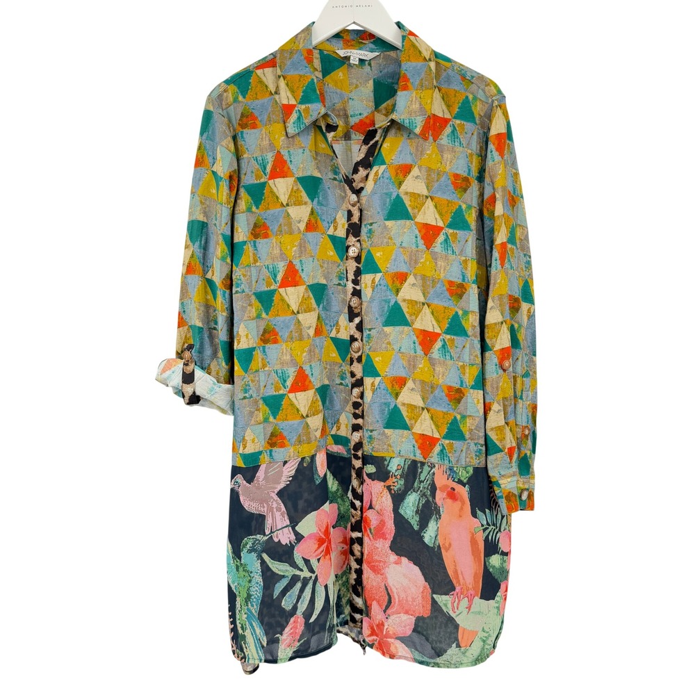 John Mark Mixed Media Button Front Tunic Top Size 1X Geometric Tropical Bird